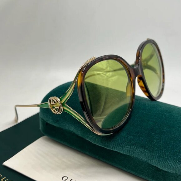NWT GUCCI GG0226S - 006 Gold Green Oversized Sunglasses - Picture 1 of 10